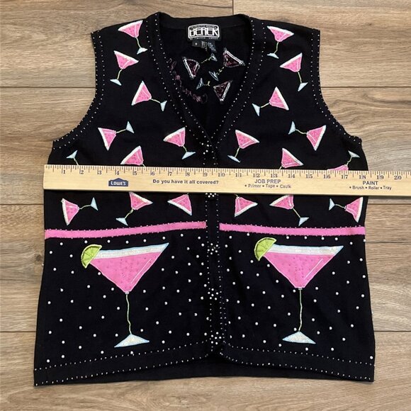 Berek Cosmo Cocktail Sweater Vest SZ Small Button Up Black Pink Martini y2k Vtg - Picture 6 of 10